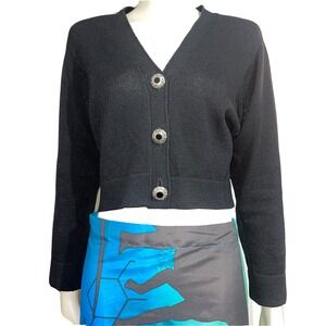 VTG ST. JOHN Knit Button Up Black Cardigan Silver Buttons V Neck Sz P Made USA